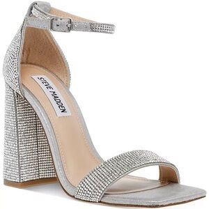 Steve Madden Silver Rhinestone Ankle-Strap Block Heels